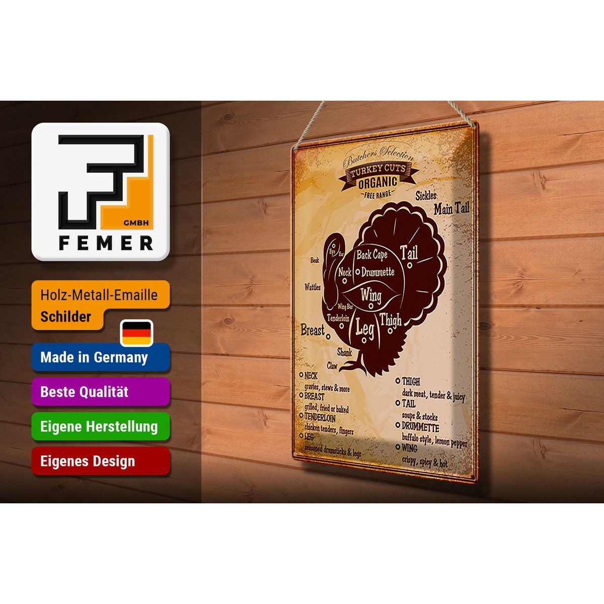 Tin sign butcher shop 30x40cm Turkey Turkey cuts Organic