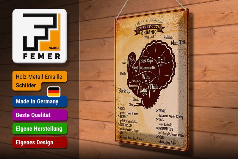 Tin sign butcher shop 30x40cm Turkey Turkey cuts Organic