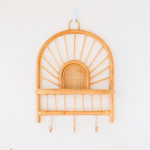 Rattan Wall Shelf – Small Boho Wall Shelf – Hanging Rattan Shelf – Coat or Key Hook – Handmade Shelf Made of Rattan (41x53 cm) BANTEN