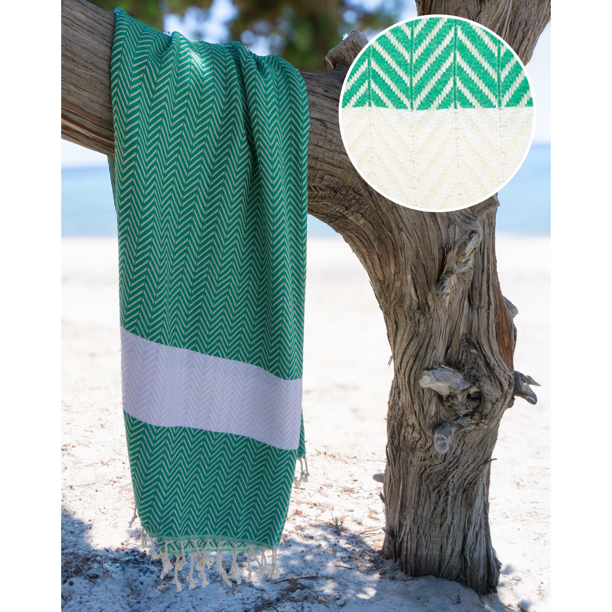 Toalla de playa Hammam de algodón ZAYA – Compacta – Verde / Blanco - 180x100 cm