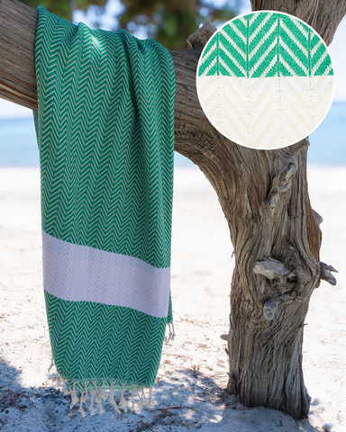 ZAYA Cotton Hammam Beach Towel – Compact – Green / White - 180x100 cm