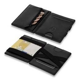 Black leather flip wallet with card slots and cash compartment.