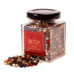 A colorful jar of Schinus berries, also known as pink peppercorns, from the Salt'sup brand. The jar contains a variety of peppercorns in different colors, including red, green, and white.