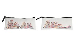 Polyester canvas pencil case with a colorful cityscape design, measuring 22.5 x 2.5 x 9.5 inches, available in 2 assortments.