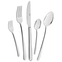 "Stainless steel cutlery set with forks, knives, spoons. Modern minimalist design, silver metallic finish, elegant tableware."