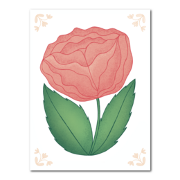Decorative tile with a large, pink rose-like flower and green leaves. The tile has a simple, geometric design style.