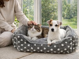 Plush pet bed with dot design, pink gray brown colors, non-slip base, multiple sizes, padded winter bed for dogs cats.