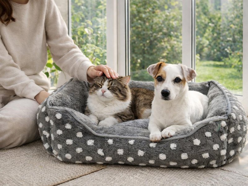 Yommy Pink Pet Bed | 3 størrelser Plys Dot Design Seng | Skridsikker base | 3 farver | Polstret vinterseng