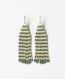 Sage green and white beaded statement earrings with a striped pattern.