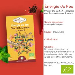 Premium-Zutaten für Bio-Kräutertee – Wohlfühlaufgüsse Feuerenergie für Ausgeglichenheit und Vitalität – Schokolade, Minze und Chili