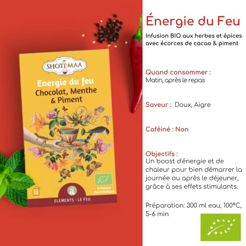 Premium-Zutaten für Bio-Kräutertee – Wohlfühlaufgüsse Feuerenergie für Ausgeglichenheit und Vitalität – Schokolade, Minze und Chili