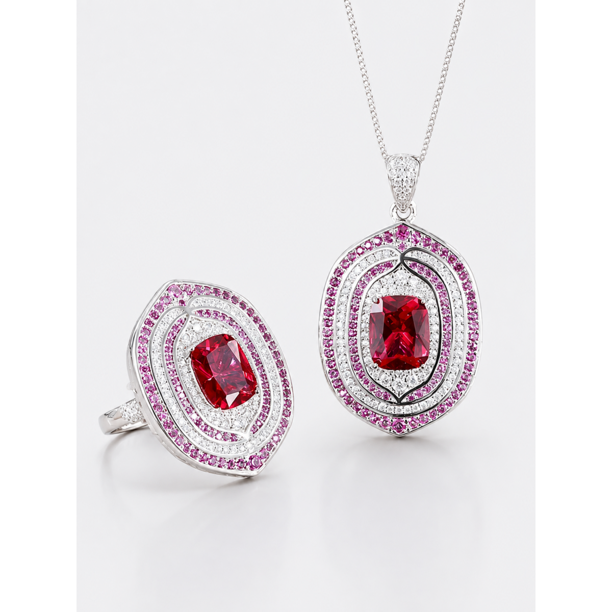 Anello elegante in cristallo Halo rosso rubino fantasia
