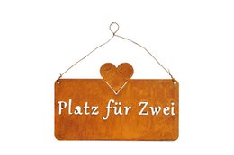 A rustic metal sign with the German text "Platz für Zwei" (Room for Two) and a heart-shaped design, suitable for wall hanging.