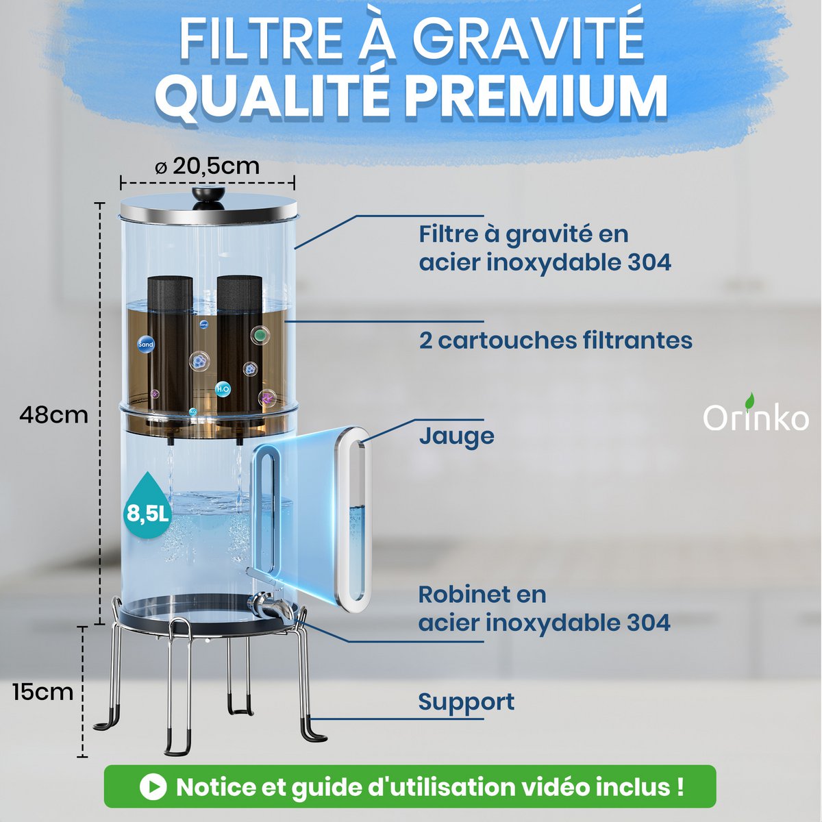 Waterfilter door zwaartekracht 8.5L - waterzuiveraar per zwaartekracht - fontein fontein met actieve steenkool