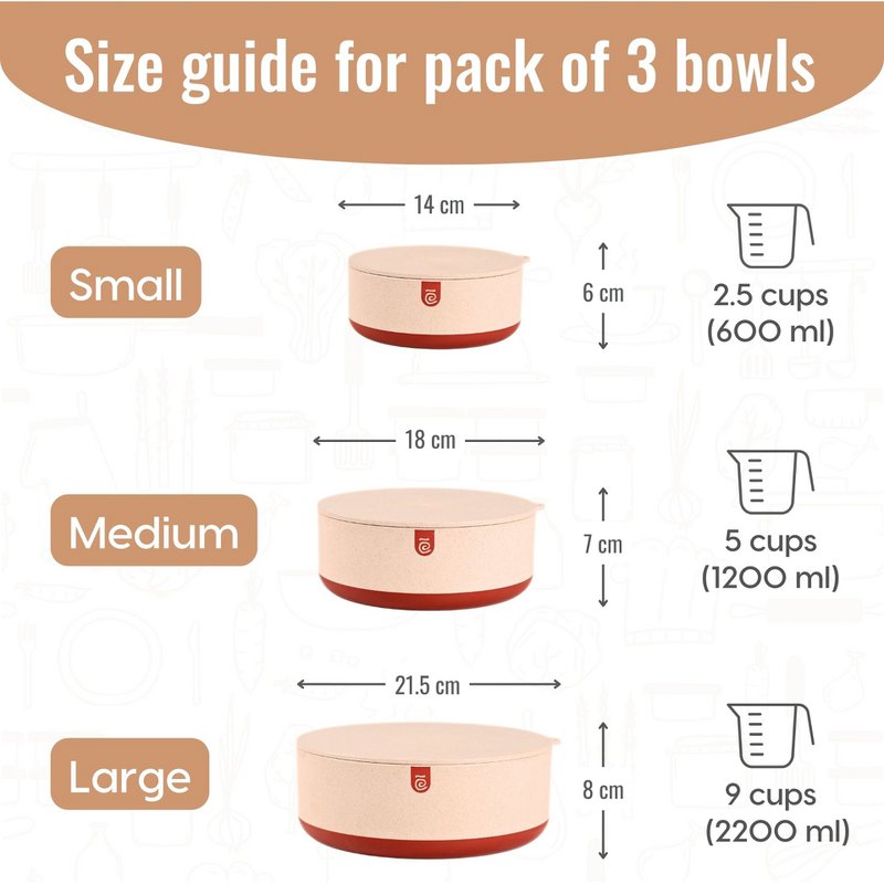 Ecofy Terravo Storage Containers For Kitchen | 1200ml, 2200ml, 600ml | Pack Of 3 | Storage Bowls Made with Rice Husk Biocomposite | Bowl With Lid | Antiskid & Airtight Containers TUV Certified