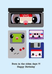 Nato ai vecchi tempi nastro VHS, Nintendo Game Boy, dischetto verjaardagskaart