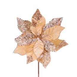 Glittery gold and cream poinsettia flower decoration, festive holiday artificial floral stem.