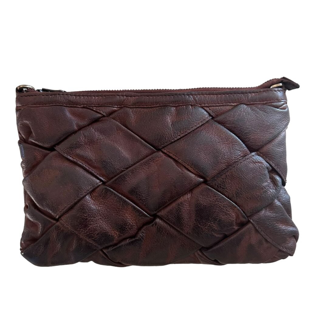 Washed Leather Diamond-Stitch Crossbody & Clutch – Walnut