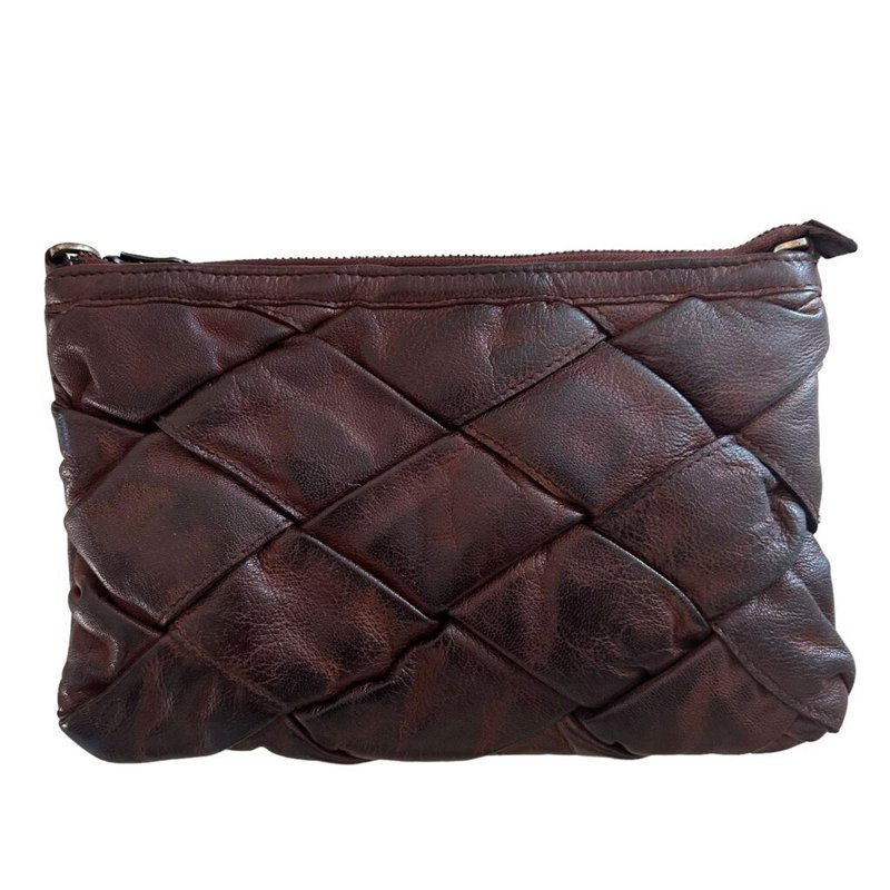 Washed Leather Diamond-Stitch Crossbody & Clutch – Walnut