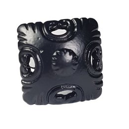  Black metal square cabinet knob with ornate decorative carved design and mounting hardware.