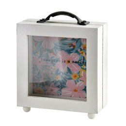 White wooden piggy bank with black handle, transparent window, colorful floral interior design, decorative storage box.