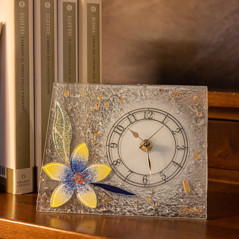 Murano Glass Rectangular Table Watch, Gift Idea, Floral Gold Decoration cm.18x15