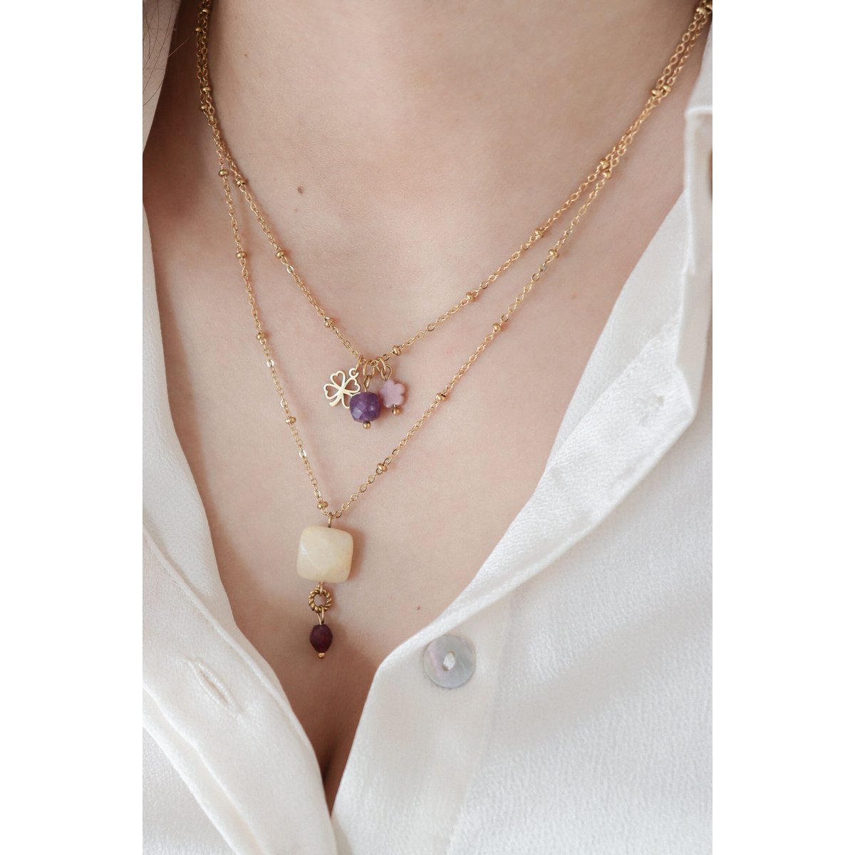 Jade & Granaat Ketting - Goud