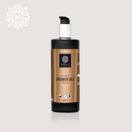 Shower gel in a black and gold bottle with a pump dispenser. The product is suitable for family use.