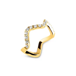 Gold-colored statement ring with a wavy design and embedded crystals. Suitable for formal and casual wear.