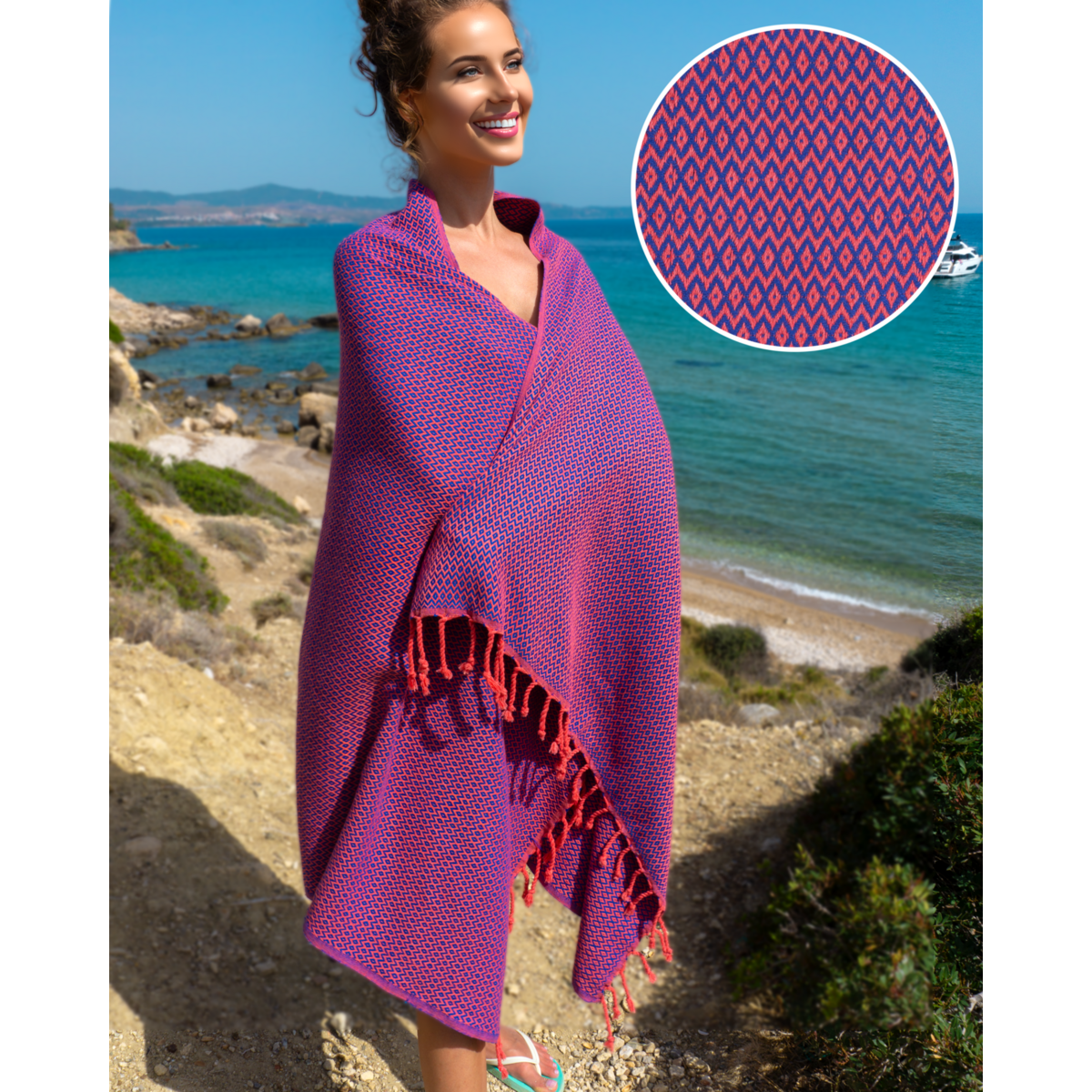 SAMOS Cotton Hammam Beach & Sauna Towel – Compact – Fuchsia / Blue - 180x100 cm