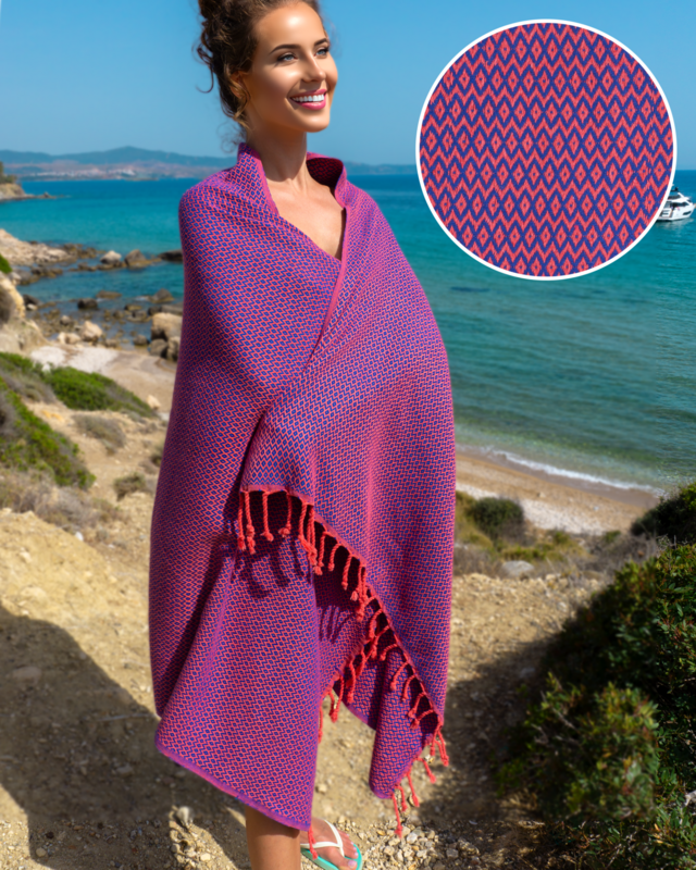 SAMOS Cotton Hammam Beach & Sauna Towel – Compact – Fuchsia / Blue - 180x100 cm