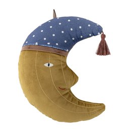 A plush, crescent-shaped moon toy in a mustard yellow color with a polka dot patterned blue fabric covering the top portion and a tassel accent.