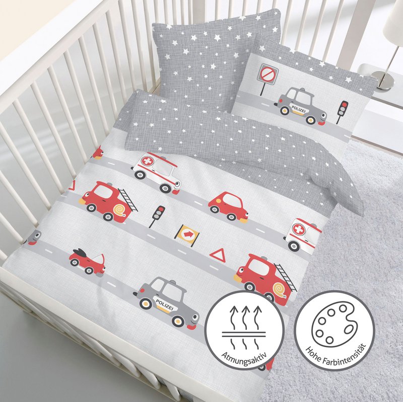 Beaver bed linen set 100x135cm police/fire department in red silver