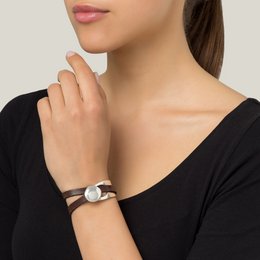 GD silver and leather bracelet double wrap brown zamak