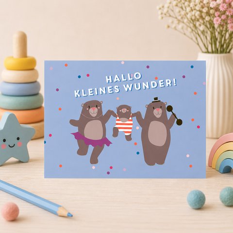 Birth card “Hello little miracle” – baby card boy with bear