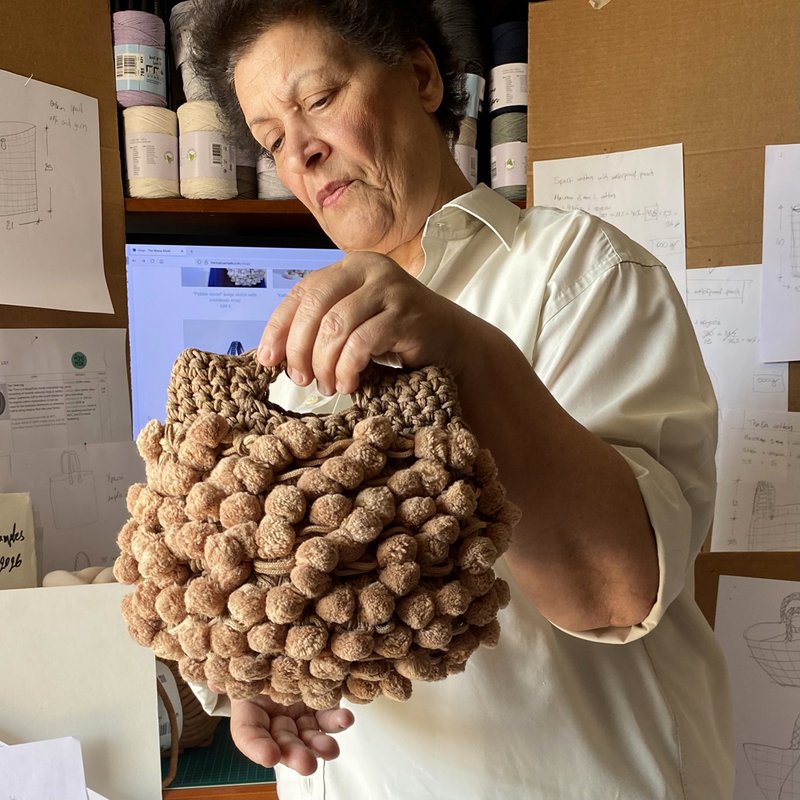 Torebka bawełniana na szydełku „Nadia pompon” piaskowa