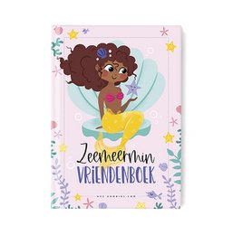 A5 journal with a mermaid illustration and the title "Friends book Mermaid" in Dutch. The journal features a young, dark-haired mermaid with a pink tail and flowers around her.