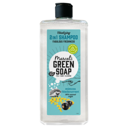2-in-1 shampoo and body wash with mimosa and blackcurrant scents, made with natural green soap ingredients.