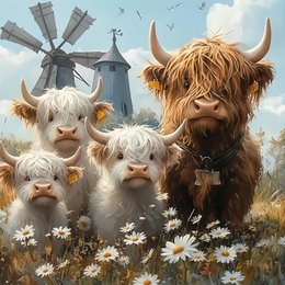Highland cattle family with horns, white and brown cows, wildflowers, windmill landscape scene.