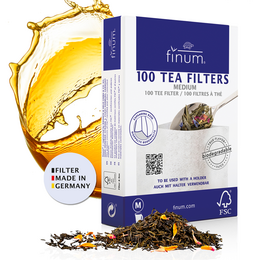  A box of 100 tea filters in a rectangular shape, made of white material with blue accents. The filters are designed for brewing loose leaf tea.