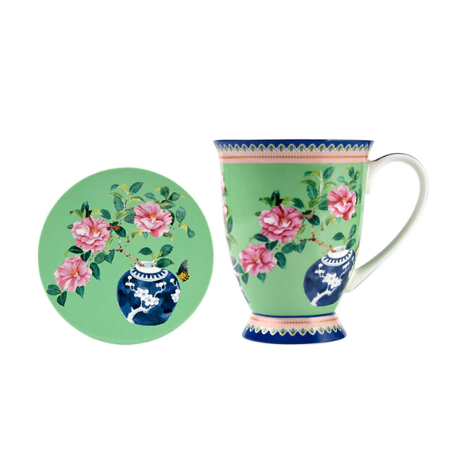 M&W Jardin Mug 300ml & Coaster, Camelia green, giftbox