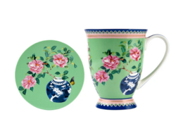 M&W Jardin Mug 300ml & Coaster, Camelia green, giftbox