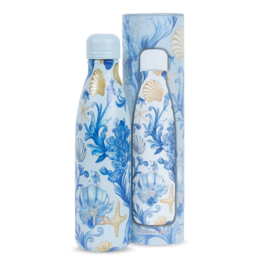 Reusable water bottle with a blue and white floral design, featuring starfish and other marine life elements. The bottle is made of stainless steel and is 25 oz in capacity.