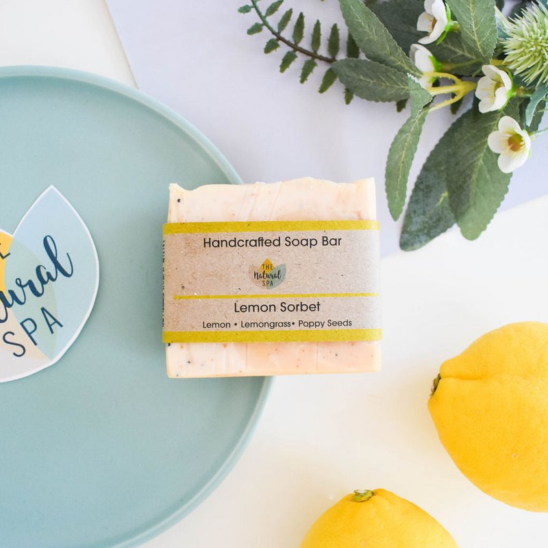 Mydło w kostce cytrynowej sorbet | Naturalne, ręcznie robione mydło z cytryną, trawą cytrynową i makiem | Wegańska pielęgnacja skóry bez plastiku