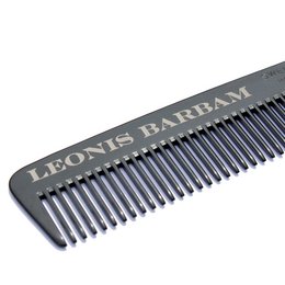 Black plastic comb with 'Leonvis Barbam' text engraved on it. Suitable for grooming and styling hair.