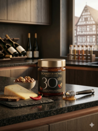 "Spicy gourmet honey, dark glass jar with gold label, premium artisanal, culinary ingredient"