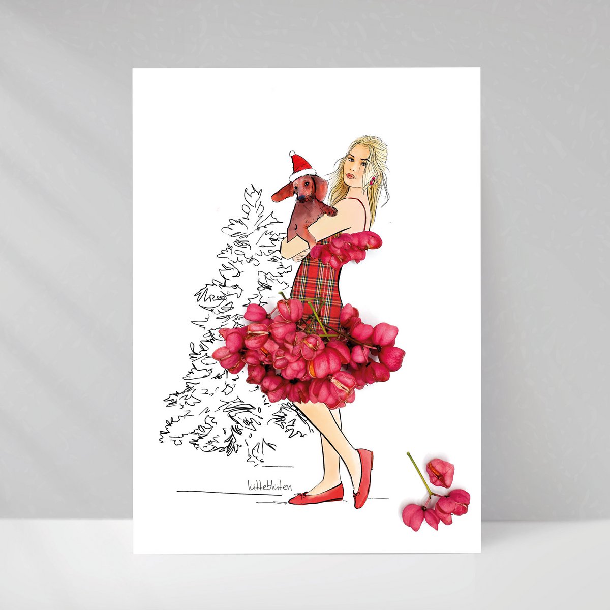 Tarjeta navideña «Dachshund & Blossom Skirt» – saludos florales con encanto
