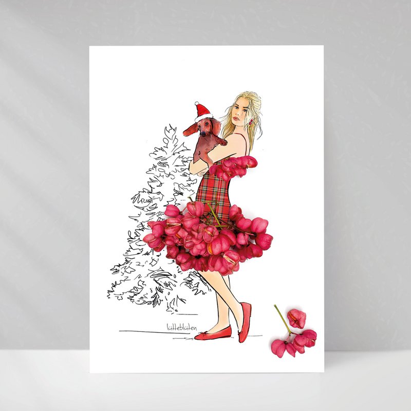 Christmas card “Dachshund & Blossom Skirt” – floral greetings with charm