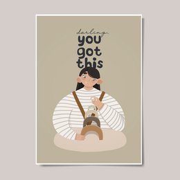 "Darling You Got This - Kids Boho Nursery Wall Decor. Inspirational wall art featuring a young girl in a boho-style dress with a positive message. Suitable for a kids' room or nursery."