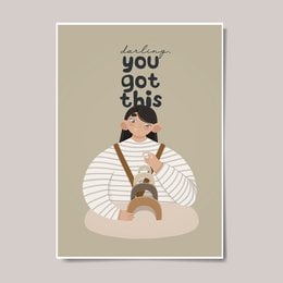 "Darling You Got This - Kids Boho Nursery Wall Decor. Inspirational wall art featuring a young girl in a boho-style dress with a positive message. Suitable for a kids' room or nursery."